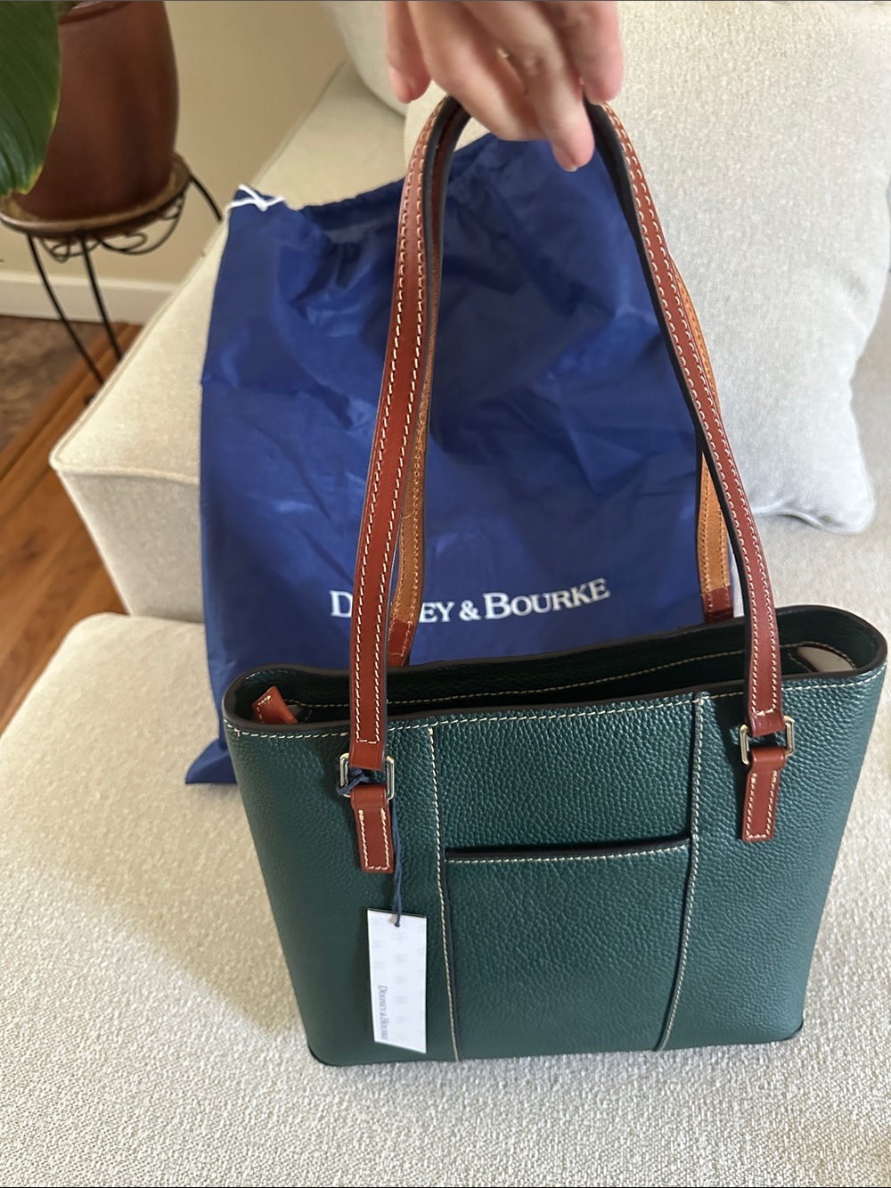 Dooney & Bourke Forest Green Pebbled Leather Tote with Brown Handles - Picture 4 of 7